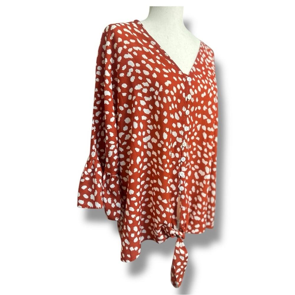 Kancystore Red Polka Dot Blouse Flare Sleeve V-Neck Tie Hem L